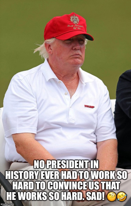 Trump’s that hard worker...lol! | NO PRESIDENT IN HISTORY EVER HAD TO WORK SO HARD TO CONVINCE US THAT HE WORKS SO HARD. SAD! 🧐🤣 | image tagged in donald trump,lazy ass,lmao | made w/ Imgflip meme maker