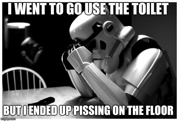 Sad Storm Trooper |  I WENT TO GO USE THE TOILET; BUT I ENDED UP PISSING ON THE FLOOR | image tagged in sad storm trooper | made w/ Imgflip meme maker