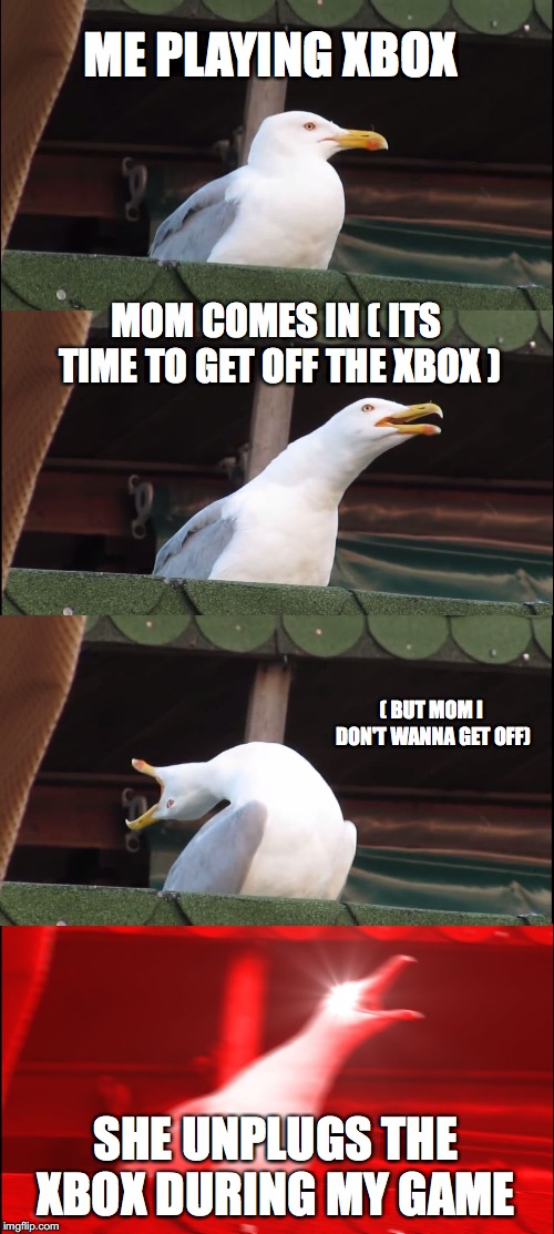 Inhaling Seagull | ME PLAYING XBOX; MOM COMES IN ( ITS TIME TO GET OFF THE XBOX ); ( BUT MOM I DON'T WANNA GET OFF); SHE UNPLUGS THE XBOX DURING MY GAME | image tagged in memes,inhaling seagull | made w/ Imgflip meme maker