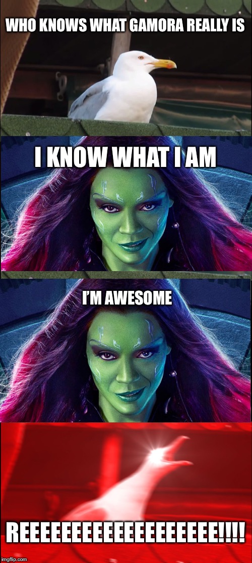 Inhaling Seagull Meme | WHO KNOWS WHAT GAMORA REALLY IS; I KNOW WHAT I AM; I’M AWESOME; REEEEEEEEEEEEEEEEEEE!!!! | image tagged in memes,inhaling seagull | made w/ Imgflip meme maker