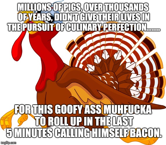Turkey Bacon is straight up bullshit  | MILLIONS OF PIGS, OVER THOUSANDS OF YEARS, DIDN'T GIVE THEIR LIVES IN THE PURSUIT OF CULINARY PERFECTION........ FOR THIS GOOFY ASS MUHFUCKA TO ROLL UP IN THE LAST 5 MINUTES CALLING HIMSELF BACON. | image tagged in turkey bacon,pork | made w/ Imgflip meme maker
