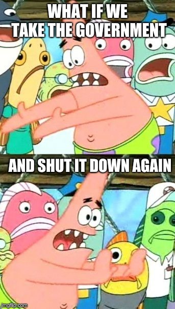 Put It Somewhere Else Patrick | WHAT IF WE TAKE THE GOVERNMENT; AND SHUT IT DOWN AGAIN | image tagged in memes,put it somewhere else patrick | made w/ Imgflip meme maker