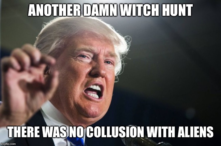 donald trump | ANOTHER DAMN WITCH HUNT THERE WAS NO COLLUSION WITH ALIENS | image tagged in donald trump | made w/ Imgflip meme maker