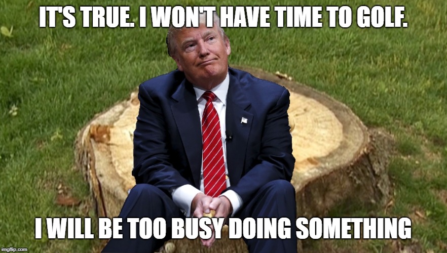 Trump on a stump | IT'S TRUE. I WON'T HAVE TIME TO GOLF. I WILL BE TOO BUSY DOING SOMETHING | image tagged in trump on a stump | made w/ Imgflip meme maker