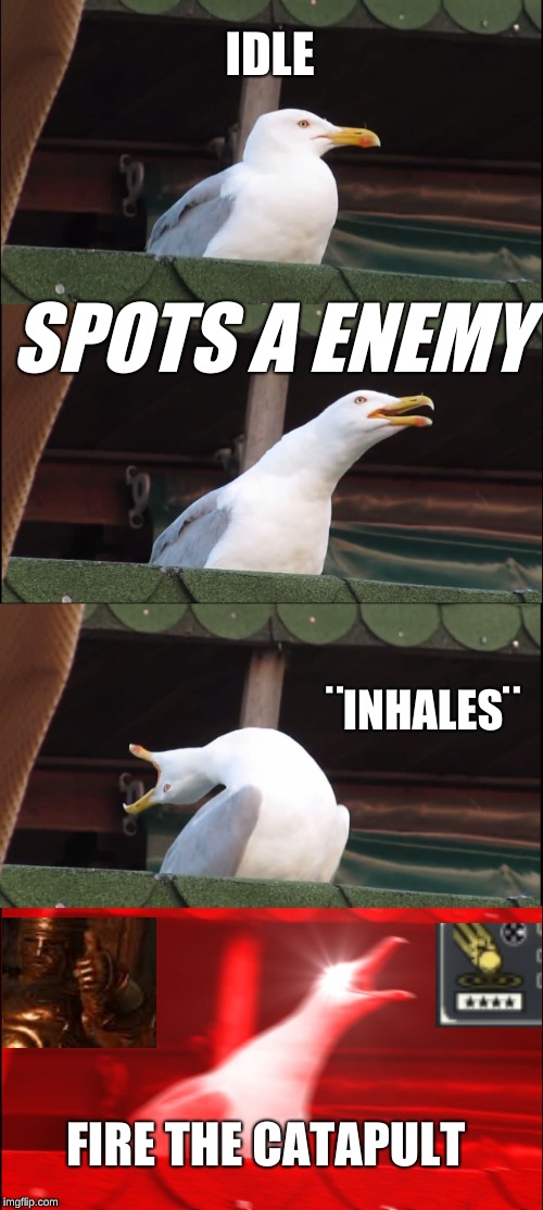 Inhaling Seagull Meme | IDLE; SPOTS A ENEMY; ¨INHALES¨; FIRE THE CATAPULT | image tagged in memes,inhaling seagull | made w/ Imgflip meme maker