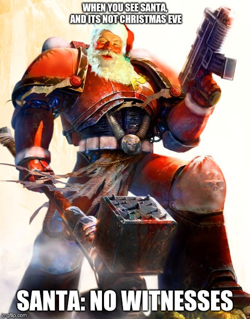 Warhammer 40K Space Marine Santa | WHEN YOU SEE SANTA, AND ITS NOT CHRISTMAS EVE; SANTA: NO WITNESSES | image tagged in warhammer 40k space marine santa | made w/ Imgflip meme maker