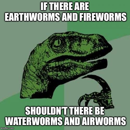Philosoraptor | IF THERE ARE EARTHWORMS AND FIREWORMS; SHOULDN’T THERE BE WATERWORMS AND AIRWORMS | image tagged in memes,philosoraptor | made w/ Imgflip meme maker