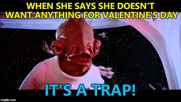 Last time I made this, it ended up on a WatchMojo video :)  | WHEN SHE SAYS SHE DOESN'T WANT ANYTHING FOR VALENTINE'S DAY; IT'S A TRAP! | image tagged in it's a trap,memes,valentines day | made w/ Imgflip meme maker
