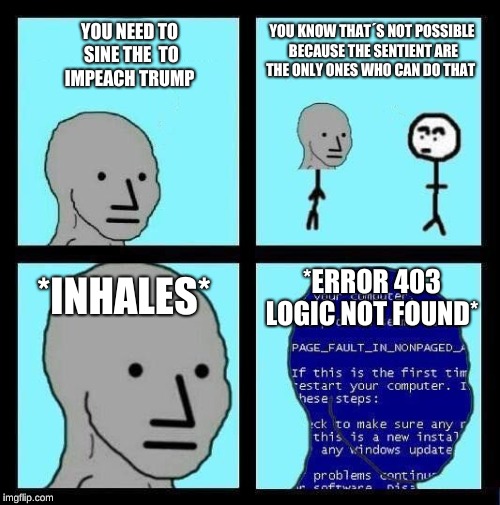 NPC ERROR |  YOU KNOW THAT´S NOT POSSIBLE BECAUSE THE SENTIENT ARE THE ONLY ONES WHO CAN DO THAT; YOU NEED TO SINE THE  TO IMPEACH TRUMP; *ERROR 403 LOGIC NOT FOUND*; *INHALES* | image tagged in npc error | made w/ Imgflip meme maker