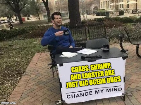 Change My Mind Meme | CRABS, SHRIMP, AND LOBSTER ARE JUST BIG OCEAN BUGS | image tagged in change my mind,seafood,crustaceans,bugs,ocean | made w/ Imgflip meme maker