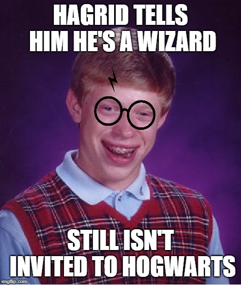 Bad Luck Brian | HAGRID TELLS HIM HE'S A WIZARD; STILL ISN'T INVITED TO HOGWARTS | image tagged in memes,bad luck brian | made w/ Imgflip meme maker