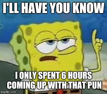 I'll Have You Know Spongebob Meme | I'LL HAVE YOU KNOW I ONLY SPENT 6 HOURS COMING UP WITH THAT PUN | image tagged in memes,ill have you know spongebob | made w/ Imgflip meme maker