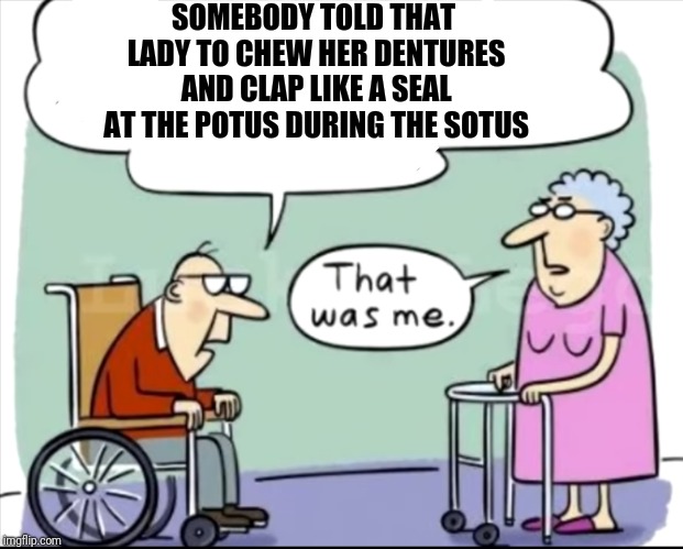 That as me #3 | SOMEBODY TOLD THAT LADY TO CHEW HER DENTURES AND CLAP LIKE A SEAL AT THE POTUS DURING THE SOTUS | image tagged in state of the union,potus | made w/ Imgflip meme maker
