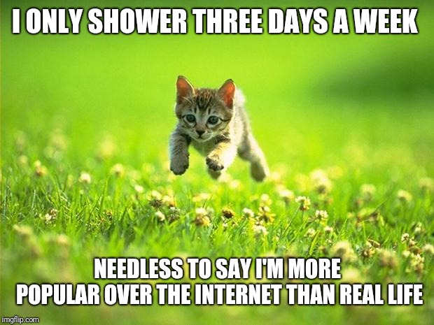 Every time I smile God Kills a Kitten | I ONLY SHOWER THREE DAYS A WEEK NEEDLESS TO SAY I'M MORE POPULAR OVER THE INTERNET THAN REAL LIFE | image tagged in every time i smile god kills a kitten | made w/ Imgflip meme maker