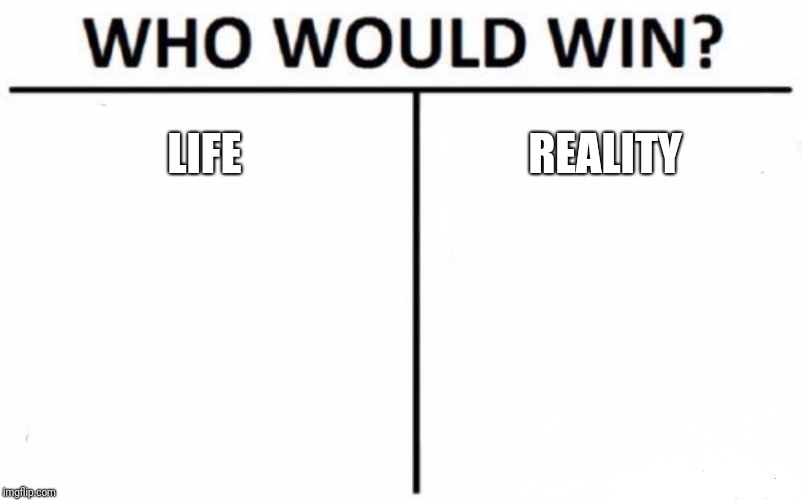 Tell me pls I needs help | LIFE; REALITY | image tagged in memes,who would win,reality,life | made w/ Imgflip meme maker