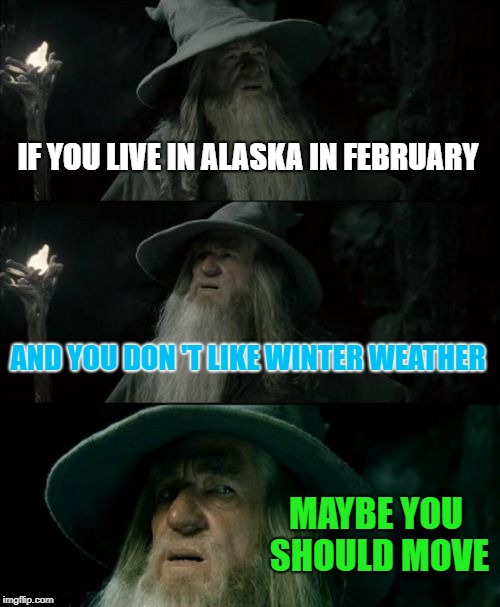 Confused Gandalf Meme | IF YOU LIVE IN ALASKA IN FEBRUARY; AND YOU DON 'T LIKE WINTER WEATHER; MAYBE YOU SHOULD MOVE | image tagged in memes,confused gandalf | made w/ Imgflip meme maker