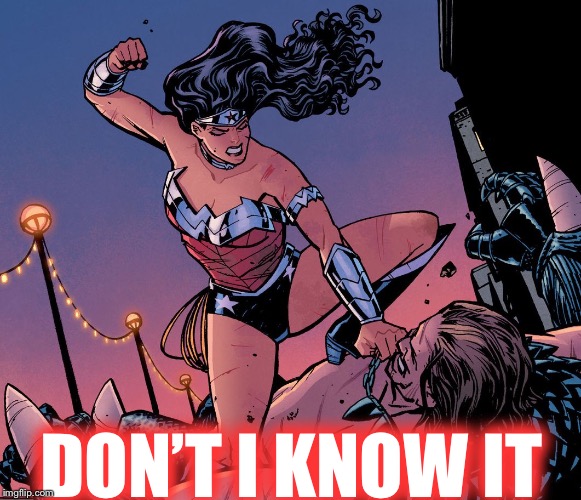 Wonder Woman beatdown | DON’T I KNOW IT | image tagged in wonder woman beatdown | made w/ Imgflip meme maker