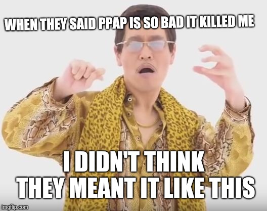 ppap | WHEN THEY SAID PPAP IS SO BAD IT KILLED ME I DIDN'T THINK THEY MEANT IT LIKE THIS | image tagged in ppap | made w/ Imgflip meme maker