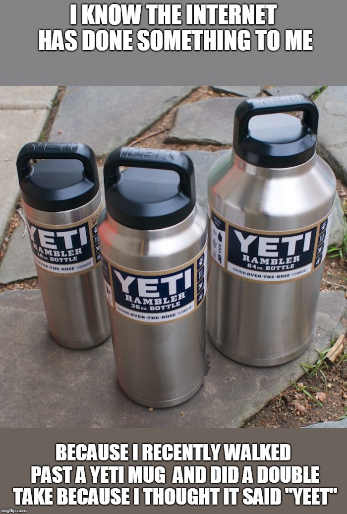 H E L P | I KNOW THE INTERNET HAS DONE SOMETHING TO ME; BECAUSE I RECENTLY WALKED PAST A YETI MUG 
AND DID A DOUBLE TAKE BECAUSE
I THOUGHT IT SAID "YEET" | image tagged in yeet,memes | made w/ Imgflip meme maker