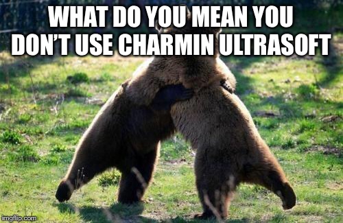 bearhug | WHAT DO YOU MEAN YOU DON’T USE CHARMIN ULTRASOFT | image tagged in bearhug | made w/ Imgflip meme maker