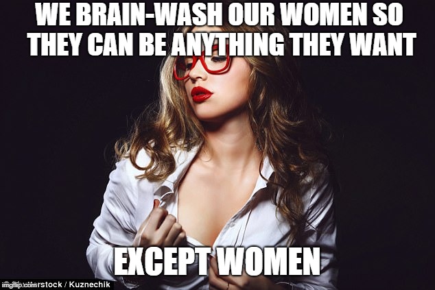 Hot woman | WE BRAIN-WASH OUR WOMEN SO THEY CAN BE ANYTHING THEY WANT; EXCEPT WOMEN | image tagged in hot woman | made w/ Imgflip meme maker