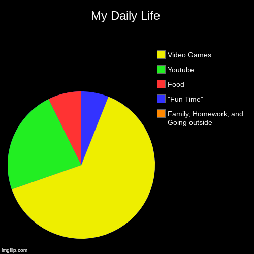 My Daily Life | Family, Homework, and Going outside, "Fun Time", Food, Youtube , Video Games | image tagged in funny,pie charts | made w/ Imgflip chart maker