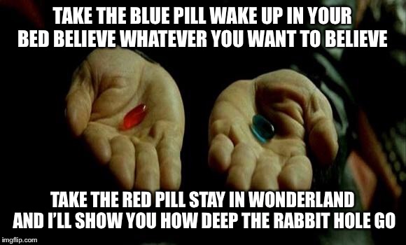 Matrix Pills | TAKE THE BLUE PILL WAKE UP IN YOUR BED BELIEVE WHATEVER YOU WANT TO BELIEVE; TAKE THE RED PILL STAY IN WONDERLAND AND I’LL SHOW YOU HOW DEEP THE RABBIT HOLE GOES | image tagged in matrix pills | made w/ Imgflip meme maker