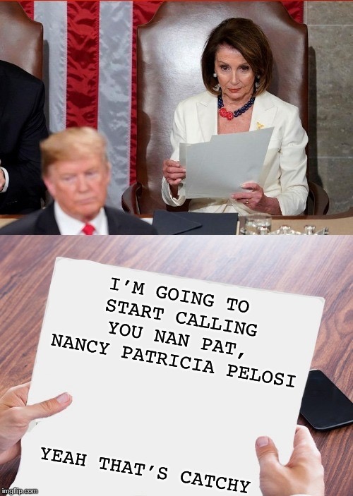When you find out someone’s middle name | I’M GOING TO START CALLING YOU NAN PAT, NANCY PATRICIA PELOSI; YEAH THAT’S CATCHY | image tagged in trump pelosi,politics,catchy,nickname,nancy pelosi,donald trump | made w/ Imgflip meme maker