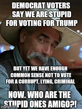 Sam Elliott | DEMOCRAT VOTERS SAY WE ARE STUPID FOR VOTING FOR TRUMP; BUT YET WE HAVE ENOUGH COMMON SENSE NOT TO VOTE FOR A CORRUPT, LYING, CRIMINAL; NOW. WHO ARE THE STUPID ONES AMIGO?! | image tagged in sam elliott | made w/ Imgflip meme maker