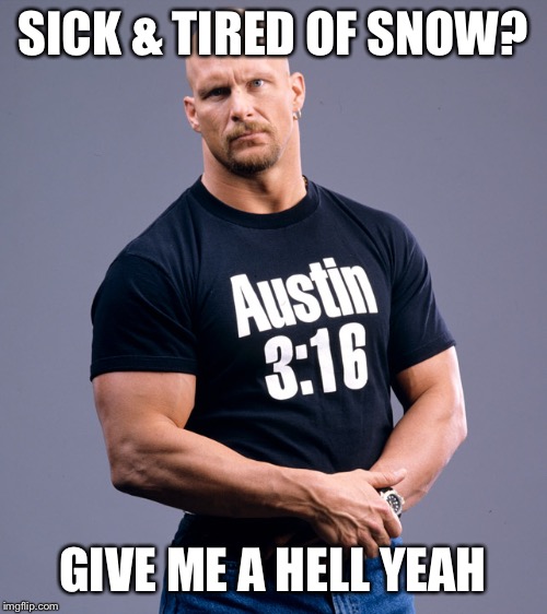 Stone Cold Steve Austin | SICK & TIRED OF SNOW? GIVE ME A HELL YEAH | image tagged in stone cold steve austin | made w/ Imgflip meme maker
