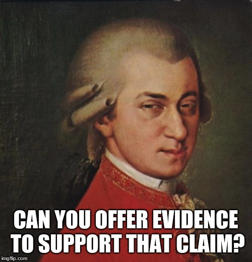 Mozart Not Sure Meme | CAN YOU OFFER EVIDENCE TO SUPPORT THAT CLAIM? | image tagged in memes,mozart not sure | made w/ Imgflip meme maker