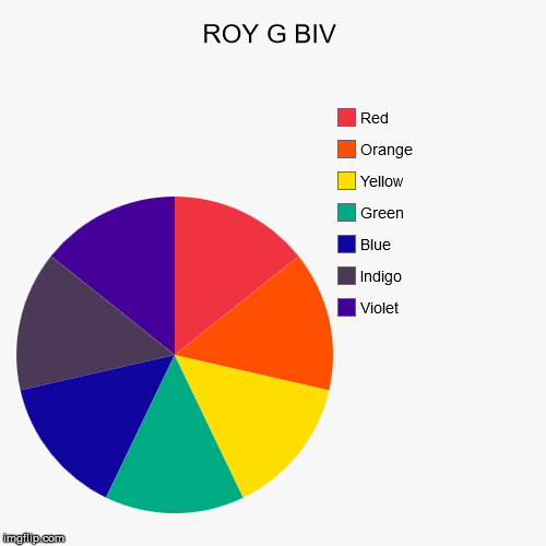 ROY G BIV | ROY G BIV | Violet, Indigo, Blue, Green, Yellow, Orange, Red | image tagged in funny,pie charts | made w/ Imgflip chart maker