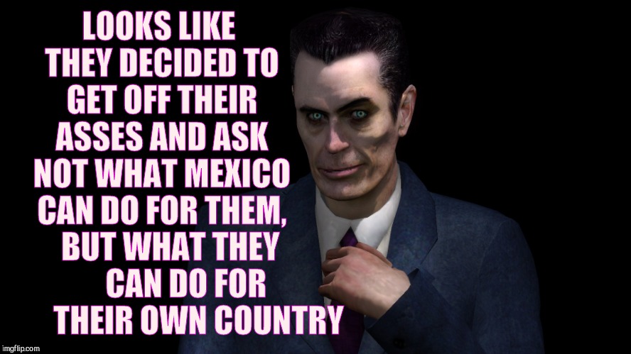 . | LOOKS LIKE THEY DECIDED TO GET OFF THEIR ASSES AND ASK NOT WHAT MEXICO CAN DO FOR THEM, BUT WHAT THEY         CAN DO FOR          THEIR OWN  | image tagged in g-man from half-life | made w/ Imgflip meme maker