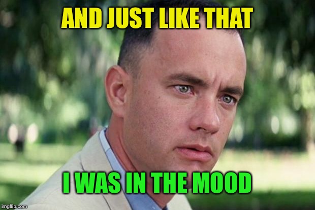 And Just Like That Meme | AND JUST LIKE THAT I WAS IN THE MOOD | image tagged in forrest gump | made w/ Imgflip meme maker