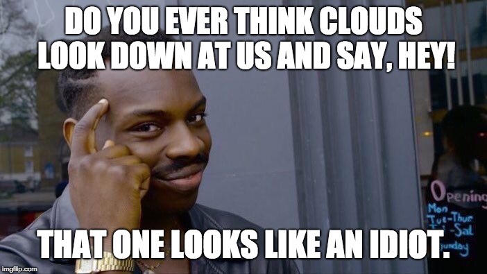 Roll Safe Think About It | DO YOU EVER THINK CLOUDS LOOK DOWN AT US AND SAY, HEY! THAT ONE LOOKS LIKE AN IDIOT. | image tagged in memes,roll safe think about it | made w/ Imgflip meme maker