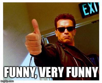 terminator thumbs up | FUNNY, VERY FUNNY | image tagged in terminator thumbs up | made w/ Imgflip meme maker