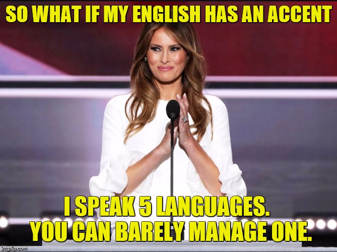 Melania Trump | SO WHAT IF MY ENGLISH HAS AN ACCENT; I SPEAK 5 LANGUAGES.  YOU CAN BARELY MANAGE ONE. | image tagged in melania trump meme,melania trump,english,language,politics | made w/ Imgflip meme maker