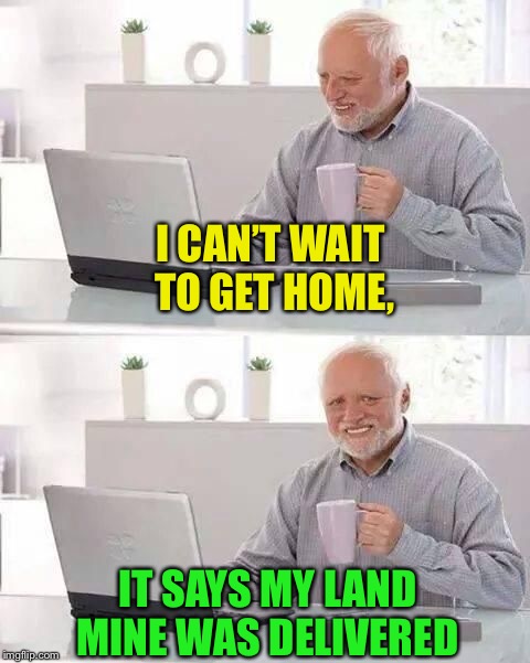 hide the pain harrold | I CAN’T WAIT TO GET HOME, IT SAYS MY LAND MINE WAS DELIVERED | image tagged in hide the pain harrold | made w/ Imgflip meme maker
