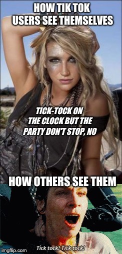 HOW TIK TOK USERS SEE THEMSELVES; TICK-TOCK ON THE CLOCK
BUT THE PARTY DON'T STOP, NO; HOW OTHERS SEE THEM | image tagged in catching fire,the hunger games,kesha,tik tok,tik tok app,tik tok song | made w/ Imgflip meme maker