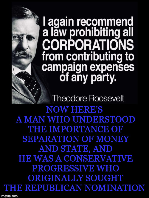 What A True Conservative Progressive Looks Like | NOW HERE'S A MAN WHO UNDERSTOOD THE IMPORTANCE OF SEPARATION OF MONEY AND STATE, AND HE WAS A CONSERVATIVE PROGRESSIVE WHO ORIGINALLY SOUGHT THE REPUBLICAN NOMINATION | image tagged in theodore roosevelt,corporations,campaign,expenses,conservative,progressive | made w/ Imgflip meme maker