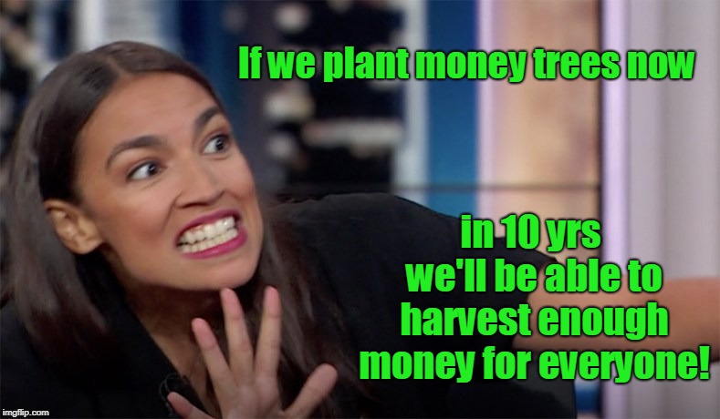 Money Grows On Tree! | If we plant money trees now; in 10 yrs we'll be able to harvest enough money for everyone! | image tagged in aoc,new green deal | made w/ Imgflip meme maker