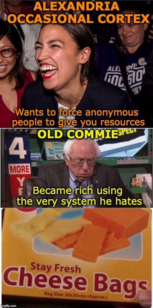 Two of a Kind | ALEXANDRIA OCCASIONAL CORTEX; Wants to force anonymous people to give you resources; OLD COMMIE; Became rich using the very system he hates | image tagged in alexandria ocasio-cortez,bernie sanders,commies,cheese | made w/ Imgflip meme maker