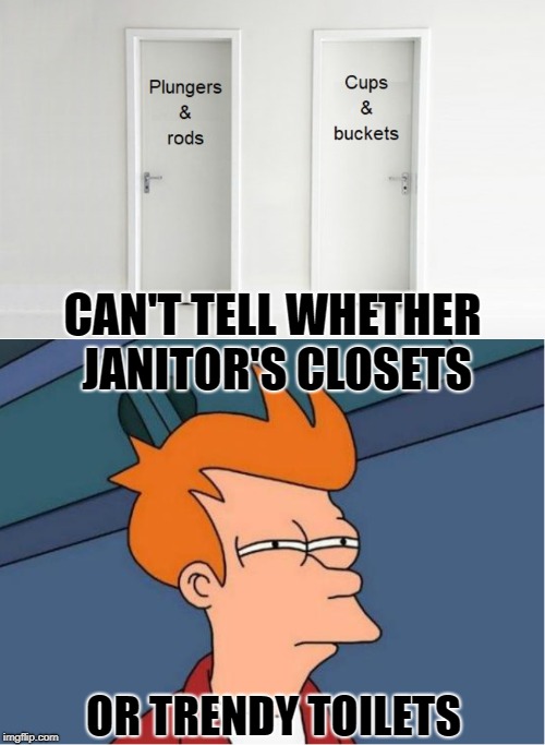 Fry's Dilemma | CAN'T TELL WHETHER JANITOR'S CLOSETS; OR TRENDY TOILETS | image tagged in toilet humor,futurama fry | made w/ Imgflip meme maker