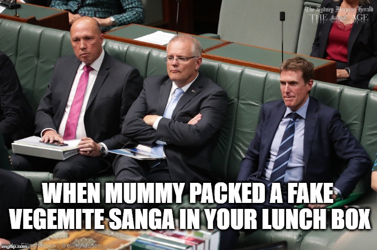 Grumpy LNP Government | WHEN MUMMY PACKED A FAKE VEGEMITE SANGA IN YOUR LUNCH BOX | image tagged in grumpy lnp government | made w/ Imgflip meme maker
