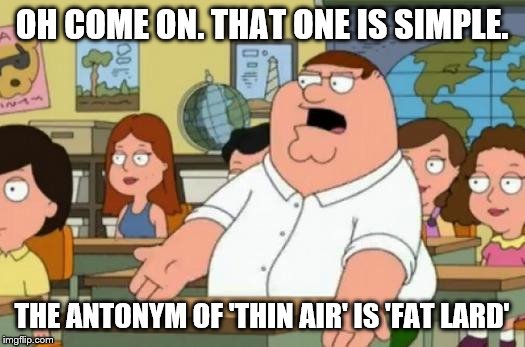 Peter Griffin stupid | OH COME ON. THAT ONE IS SIMPLE. THE ANTONYM OF 'THIN AIR' IS 'FAT LARD' | image tagged in peter griffin stupid | made w/ Imgflip meme maker