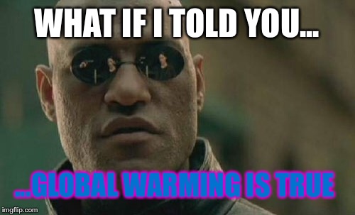 True  | WHAT IF I TOLD YOU... ...GLOBAL WARMING IS TRUE | image tagged in memes,matrix morpheus,global warming | made w/ Imgflip meme maker