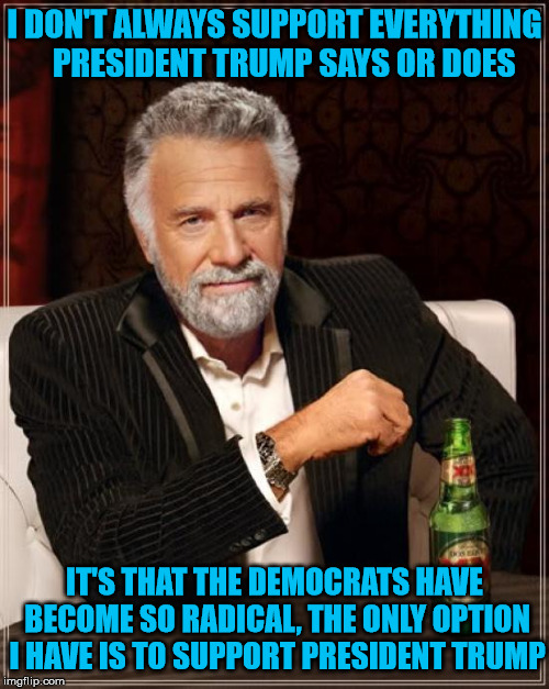 The Lesser of Two Evils | I DON'T ALWAYS SUPPORT EVERYTHING   PRESIDENT TRUMP SAYS OR DOES; IT'S THAT THE DEMOCRATS HAVE BECOME SO RADICAL, THE ONLY OPTION I HAVE IS TO SUPPORT PRESIDENT TRUMP | image tagged in memes,the most interesting man in the world,lesser of two evils,donald trump,democrats,radical | made w/ Imgflip meme maker