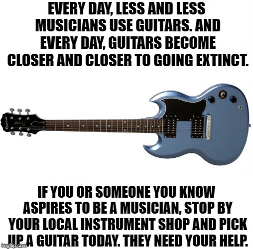 SAVE THE GUITARS! | EVERY DAY, LESS AND LESS MUSICIANS USE GUITARS. AND EVERY DAY, GUITARS BECOME CLOSER AND CLOSER TO GOING EXTINCT. IF YOU OR SOMEONE YOU KNOW ASPIRES TO BE A MUSICIAN, STOP BY YOUR LOCAL INSTRUMENT SHOP AND PICK UP A GUITAR TODAY. THEY NEED YOUR HELP. | image tagged in memes,guitar,guitars | made w/ Imgflip meme maker