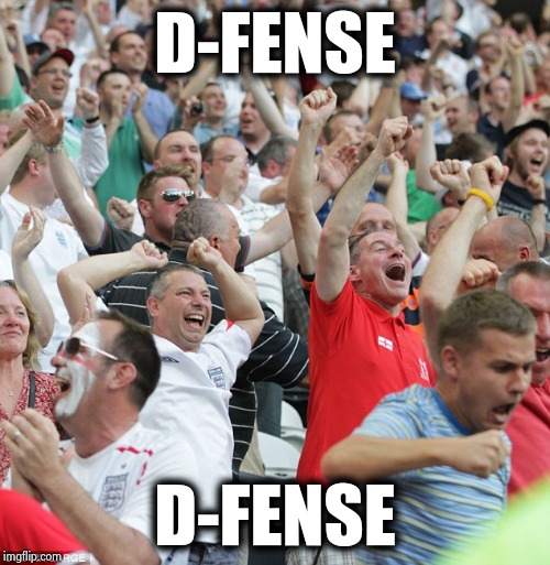 Football fans celebrating a goal | D-FENSE D-FENSE | image tagged in football fans celebrating a goal | made w/ Imgflip meme maker