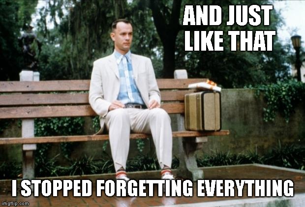 Forrest Gump | AND JUST LIKE THAT I STOPPED FORGETTING EVERYTHING | image tagged in forrest gump | made w/ Imgflip meme maker